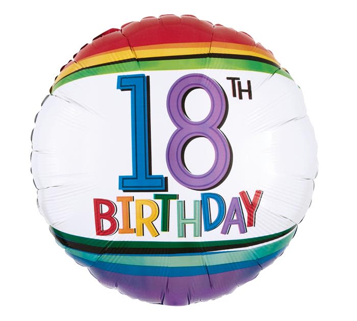 Round foil balloon reading 18th Birthday with rainbow stripes