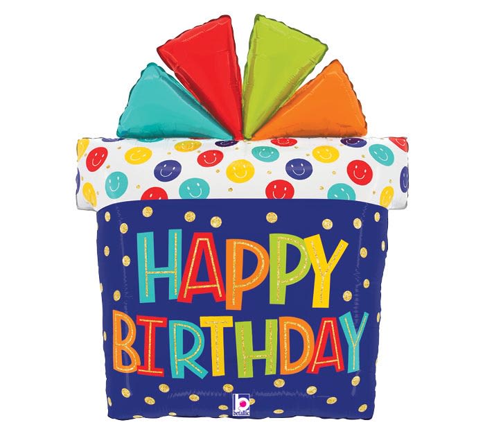 Birthday cake-shaped balloon with colorful "Happy Birthday" text