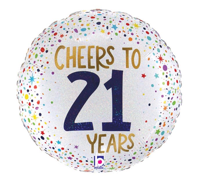 Round confetti balloon reading "Cheers to 21 Years"