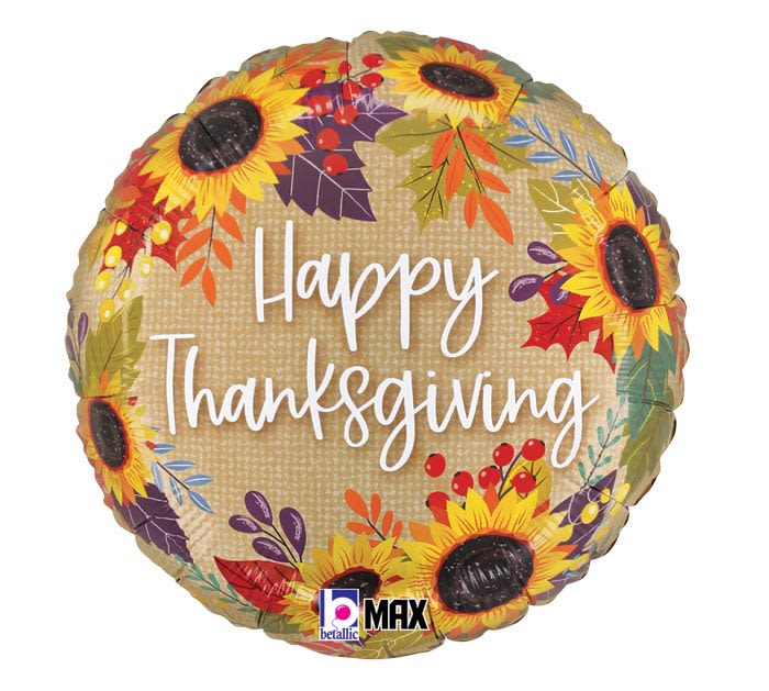 "Happy Thanksgiving" Sunflower &amp; Leaves Mylar Balloon - A 17" "Happy Thanksgiving" Sunflower &amp; Leaves mylar balloon inflated with helium and tied with a curly ribbon. Colors may vary. 