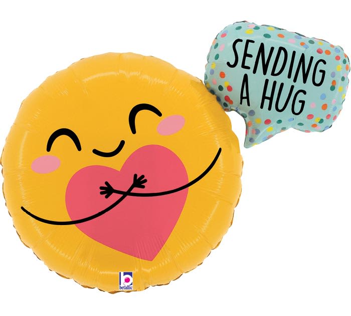 Two heart-themed balloons, one with a smiling face and one reading "Sending a Hug"
