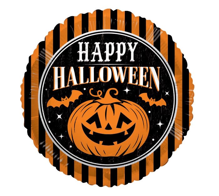 Round Halloween sign with a jack-o'-lantern and bats
