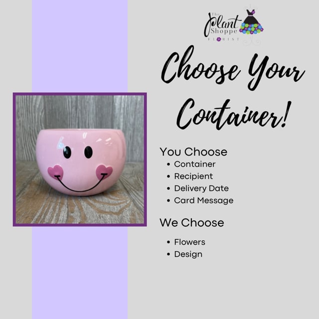 Pink smiley-face ceramic container beside text about choosing a container