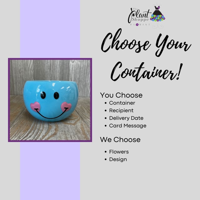 Blue smiley-face ceramic container with pink cheeks