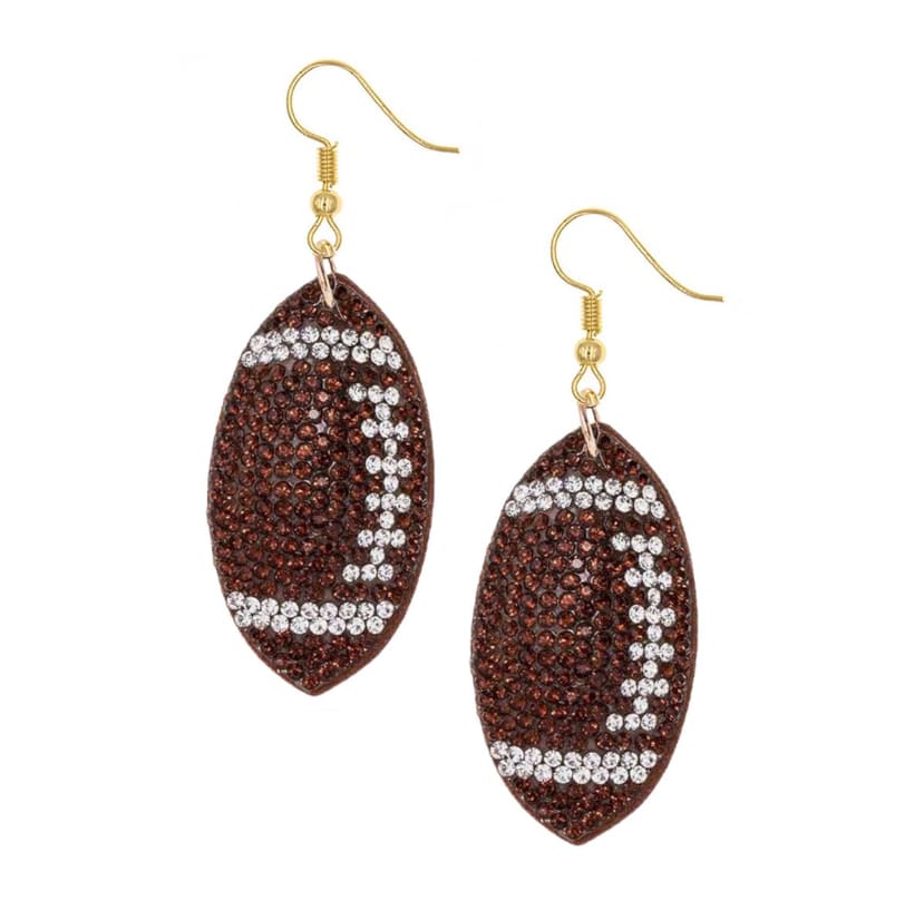 Pair of football-shaped rhinestone earrings with gold hooks