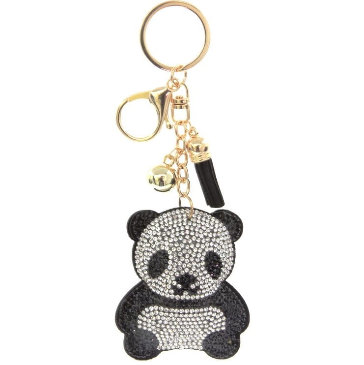 Panda-shaped rhinestone keychain with gold hardware