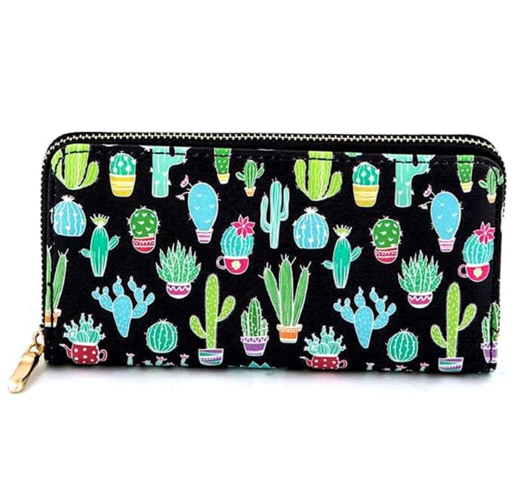 Black zippered wallet with colorful cactus print