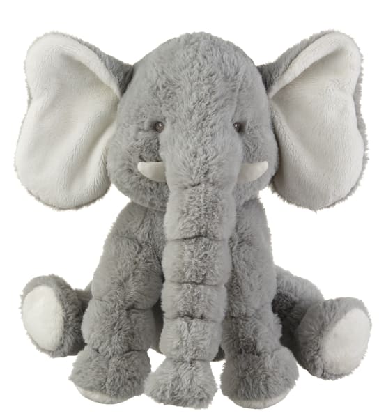 Gray plush elephant toy with large white ears and tusks
