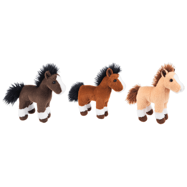 Three plush toy horses in brown, chestnut, and tan