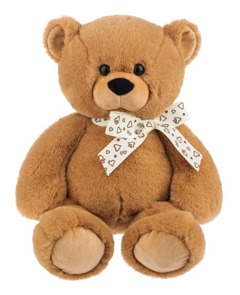 Brown teddy bear with a heart-patterned ribbon bow