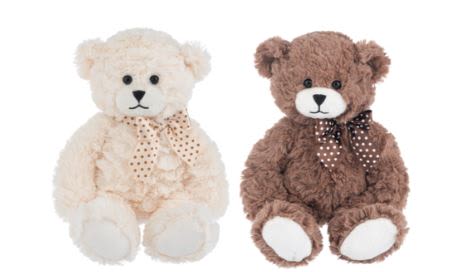 Two plush teddy bears with polka-dot bows, one cream and one brown.