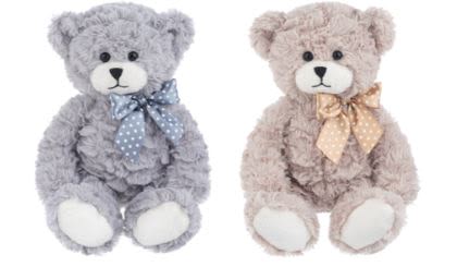 Two plush teddy bears with ribbon bows, one gray and one beige