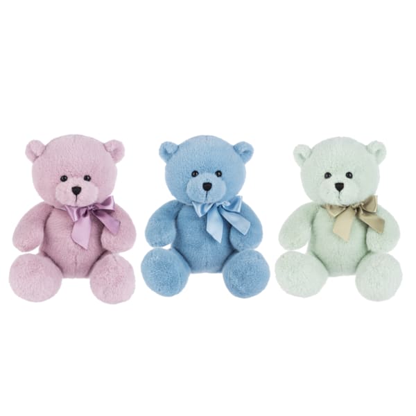 Three pastel teddy bears with ribbon bows on a white background