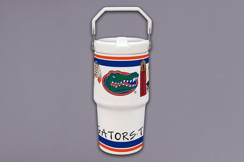 White insulated tumbler with a Florida Gators logo and handle lid
