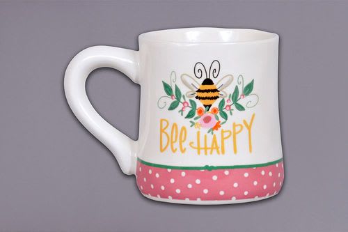 White mug with a bee and "Bee Happy" text