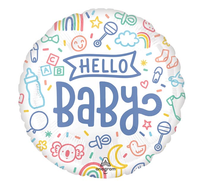 Round balloon with "Hello Baby" text and colorful baby-themed icons
