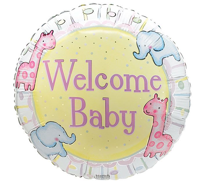 Round balloon with "Welcome Baby" text and cartoon giraffes and elephants