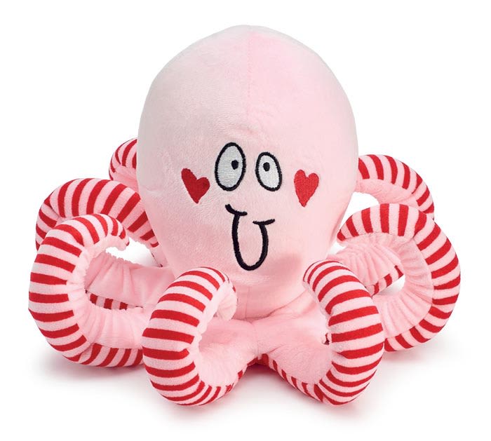 Pink plush octopus toy with red-and-white striped tentacles