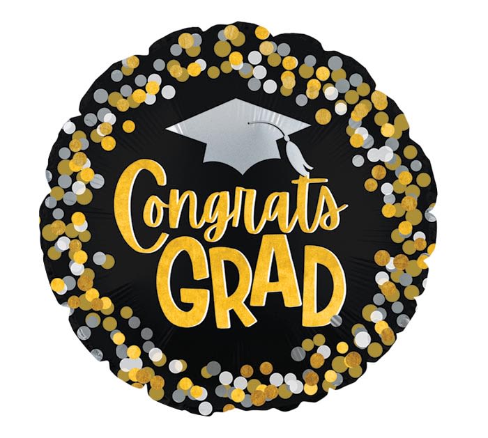 "Congrats Grad" Mylar Confetti Balloon - Bold and celebratory, this 17" Congrats Grad confetti foil balloon makes a bright statement for graduation parties and congratulatory gifts. Featuring gold "Congrats Grad" lettering and a silver graduation cap icon on a sleek black field, the round balloon is edged with scattered gold, silver, and white confetti dots that catch the eye and read clearly from across a room-perfect for honoring the new grad.  Though not a floral bouquet, this festive foil balloon pairs beautifully with arrangements in school colors or can stand alone as a decorative accent on a mantle, in a reception area, or tied to a gift. At 17 inches, it's the right scale for table displays or bouquet clusters; order it to add sparkle and a clear celebratory message that will make the graduate feel recognized and celebrated.