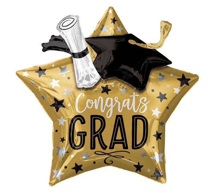 28" "Congrats Grad" Gold Star + Cap Mylar Balloon - A gleaming 28" gold star-shaped foil balloon topped with a black mortarboard instantly signals celebration-perfect as a graduation gift or party accent for the new graduate. As a graduation balloon or ceremony decoration, it conveys congratulations with bold "Congrats Grad" lettering and festive star graphics that catch light and attention, making the recipient feel recognized and celebrated.  The metallic gold surface is complemented by black, white, and silver graduation-themed graphics, including a distinct black cap motif; its shiny finish and scattered star pattern bring upbeat energy to caps-and-gowns moments. This hard-good balloon pairs well with mixed-color bouquets or can stand alone as part of a celebratory arrangement for a high school or college graduate.  Ideal for gifting to a loved one finishing school, this 28" foil balloon adds instant joy to graduation parties, open houses, or photo ops-she'll feel truly seen on her big day. As a helium-ready foil piece, it holds shape and shine longer than latex, so order close to the event for the freshest presentation.