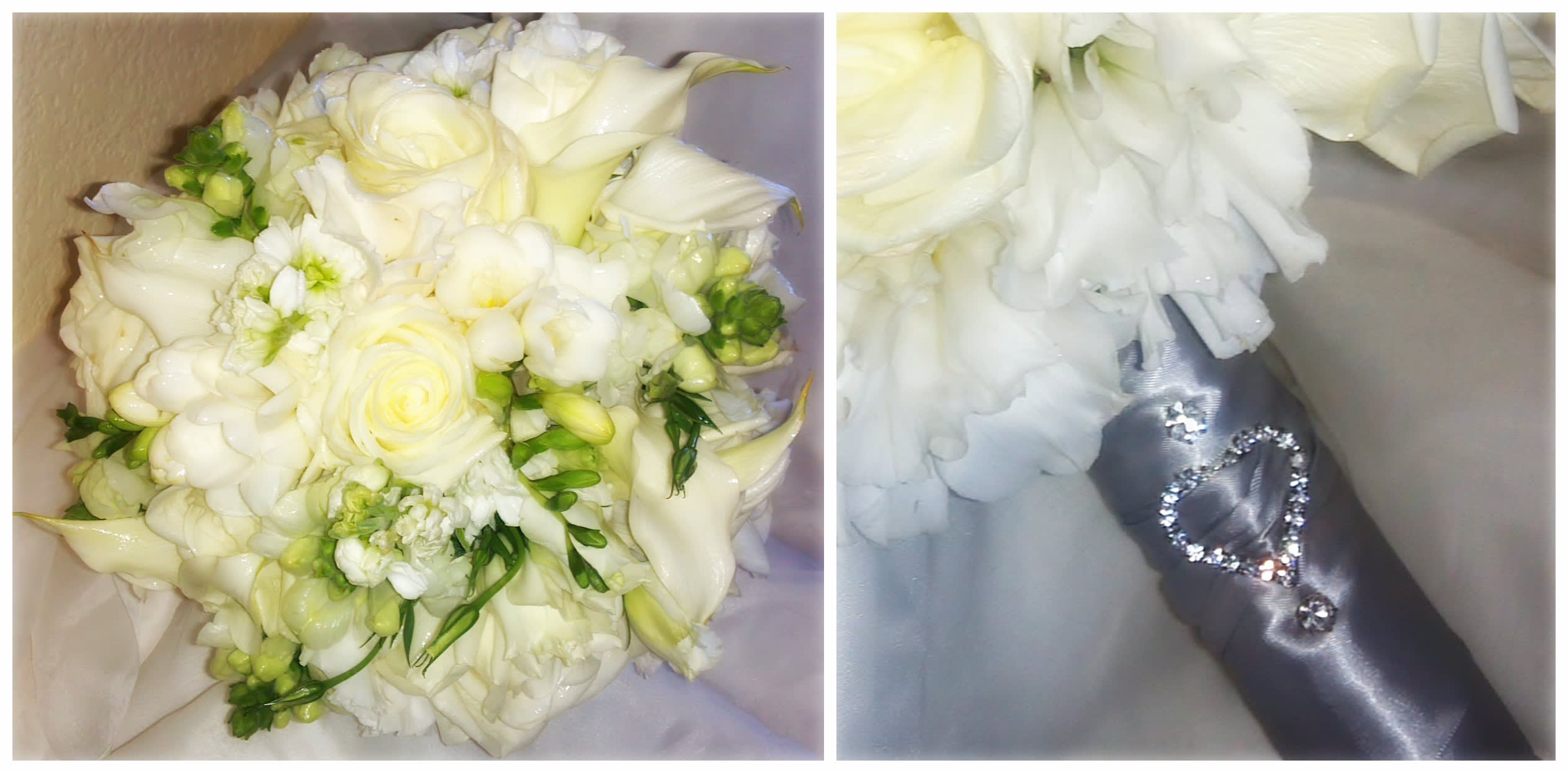 White bridal bouquet with roses, calla lilies, and a satin ribbon handle