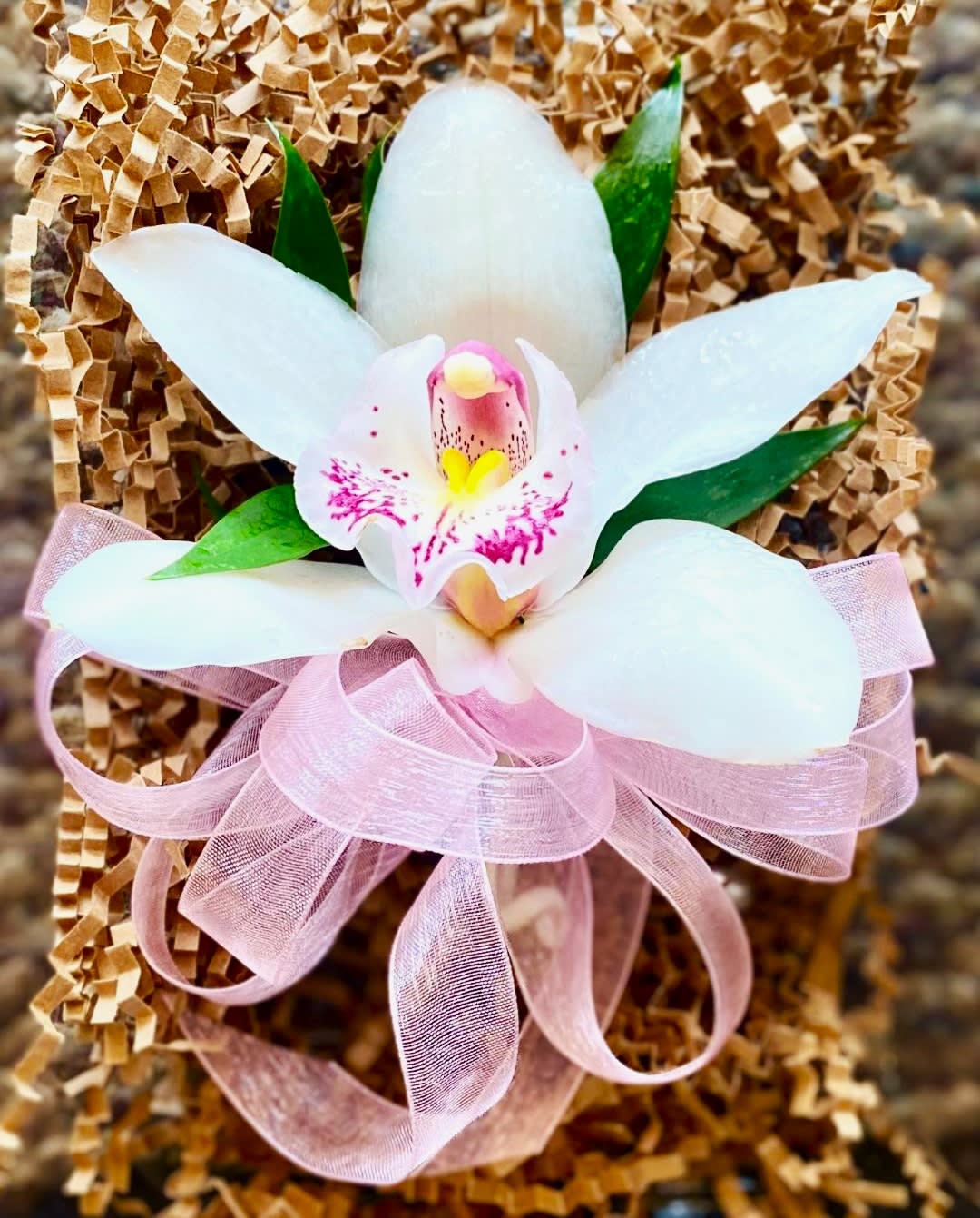 White orchid with pink accents and a pink ribbon bow