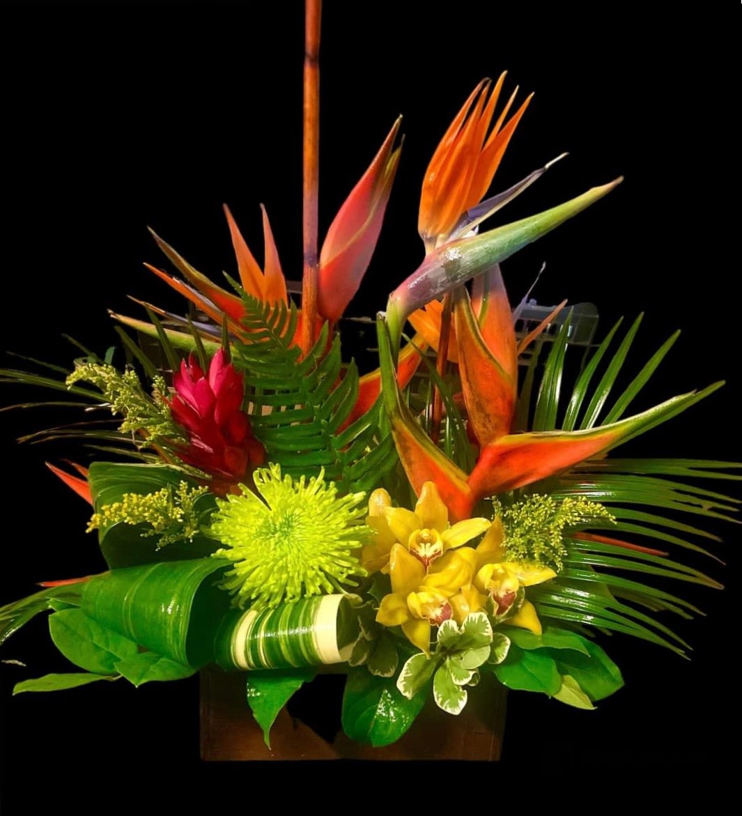 Tropical arrangement with orange bird-of-paradise and yellow orchids in a container