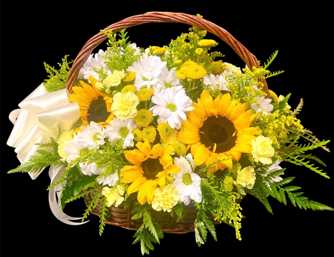 Basket of yellow sunflowers and white daisies with a white bow