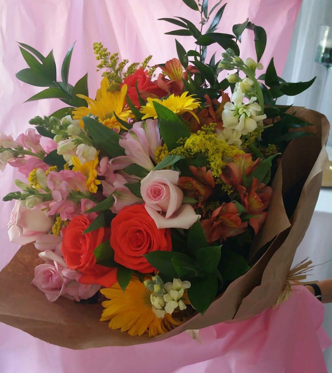 Special Mixed Bouquet - A gorgeous mixed bouquet of fresh Autumn flowers, arranged beautifully in a brown wrap with raffia. Great for every special occasion!   Does not include a vase, but the upgraded versions do.