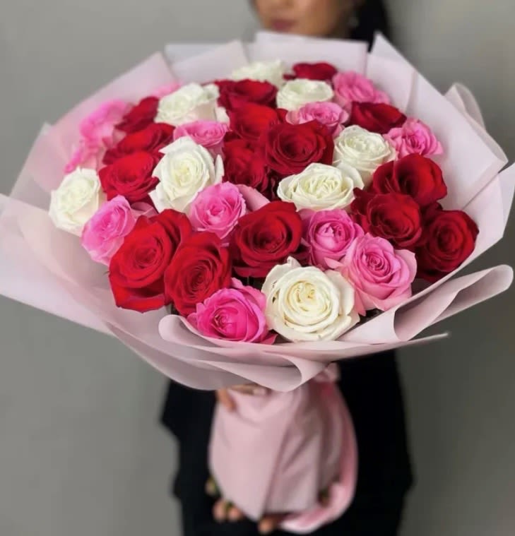 Pink, Red, and White Rose Bouquet - This stunning bouquet makes for a perfect gift for your loved one! Full of fresh red, pink, and white roses, hand-crafted and designed with love and elegance in mind. 36 Roses in total.
