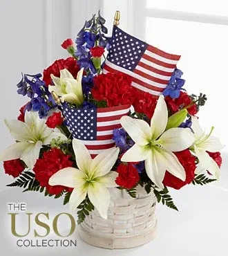 American Glory Bouquet - Red, White, &amp; Blue blooms hand-crafted and designed in a country style basket. Appropriate for Holidays, Summer, and Funerals/For the Home.