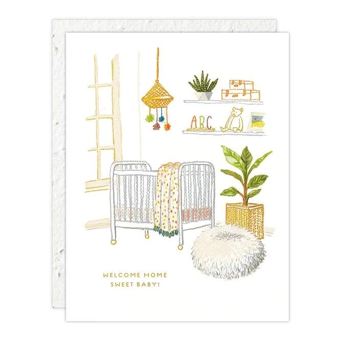 Baby shower card with a nursery scene and "Welcome Home Sweet Baby!" text