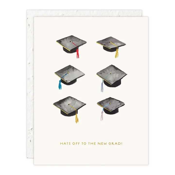 Graduation card with six mortarboards and the text 'Hats off to the new grad!'