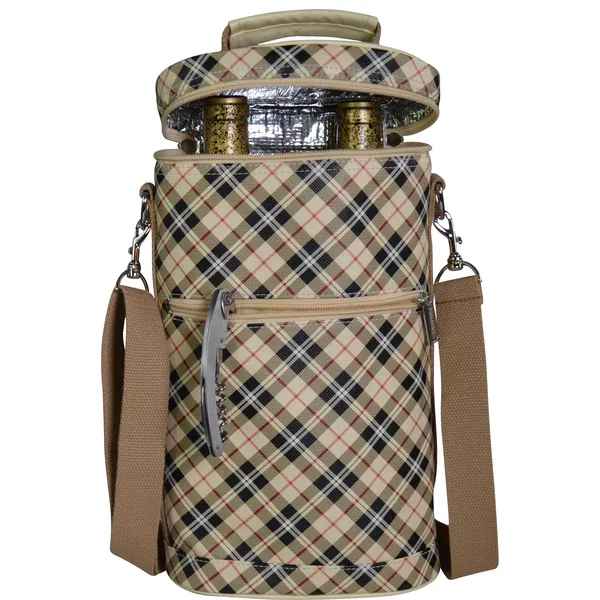 Plaid insulated bottle carrier with shoulder strap and front zipper pocket
