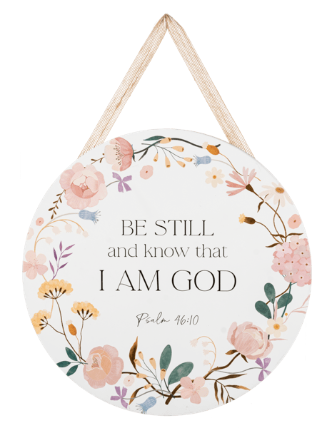 Round floral wall sign with Bible verse and hanging ribbon