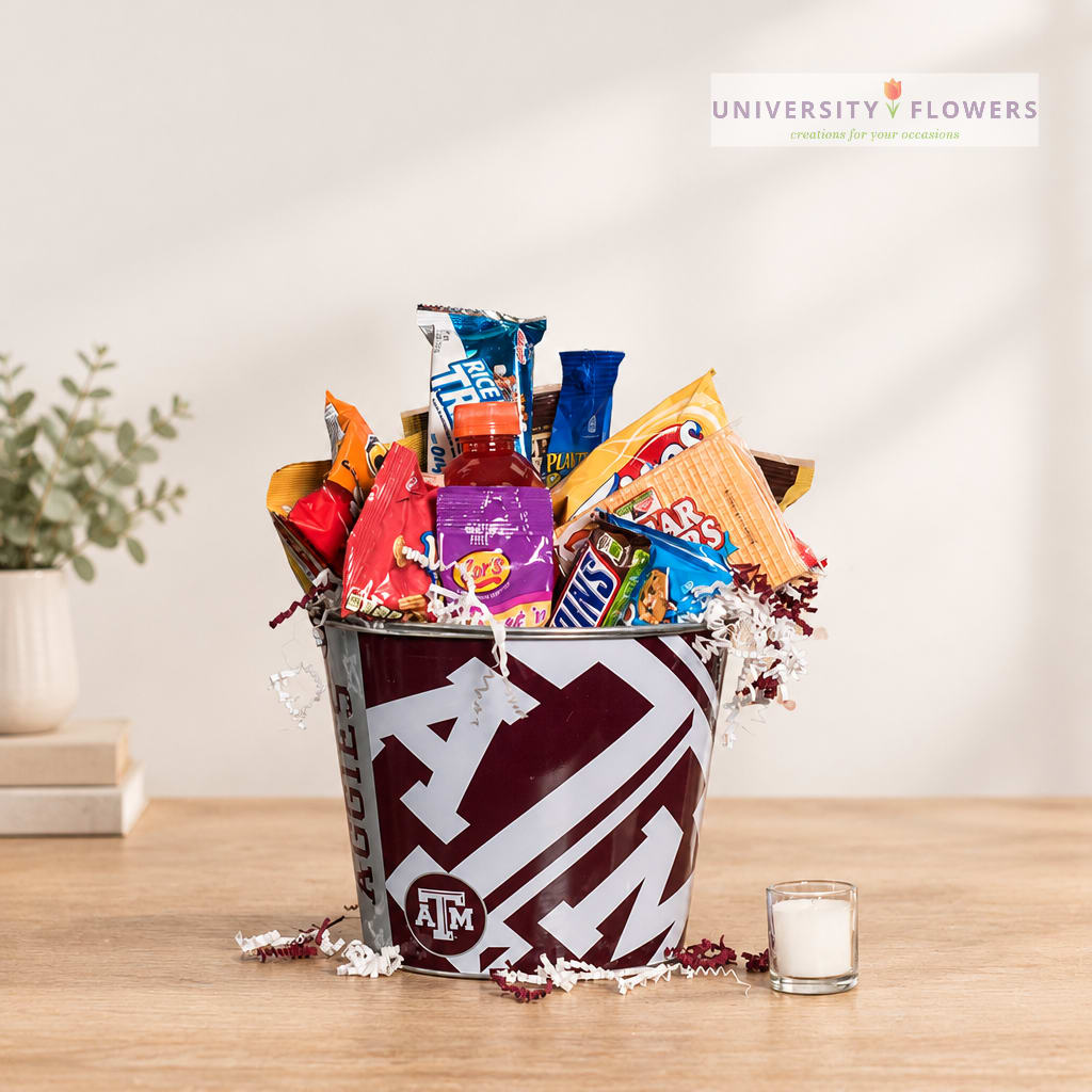 Candy gift bucket in an A&amp;M tin with assorted snack packs