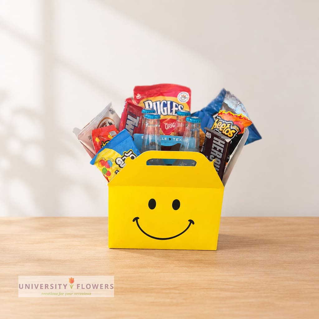 Yellow smiley-face gift box filled with assorted candy and two glass bottles