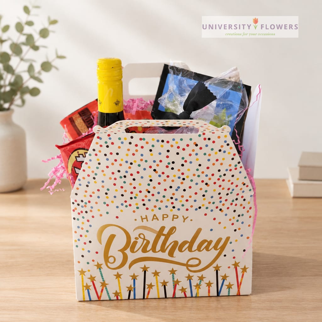 Birthday gift bag with wine, snacks, and a small wrapped gift