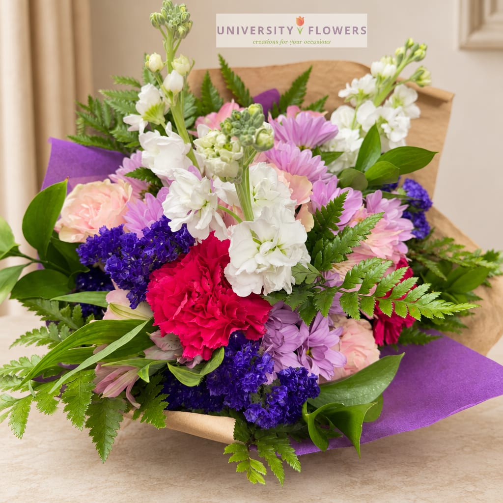 Mixed bouquet of pink, white, and purple flowers wrapped in brown paper