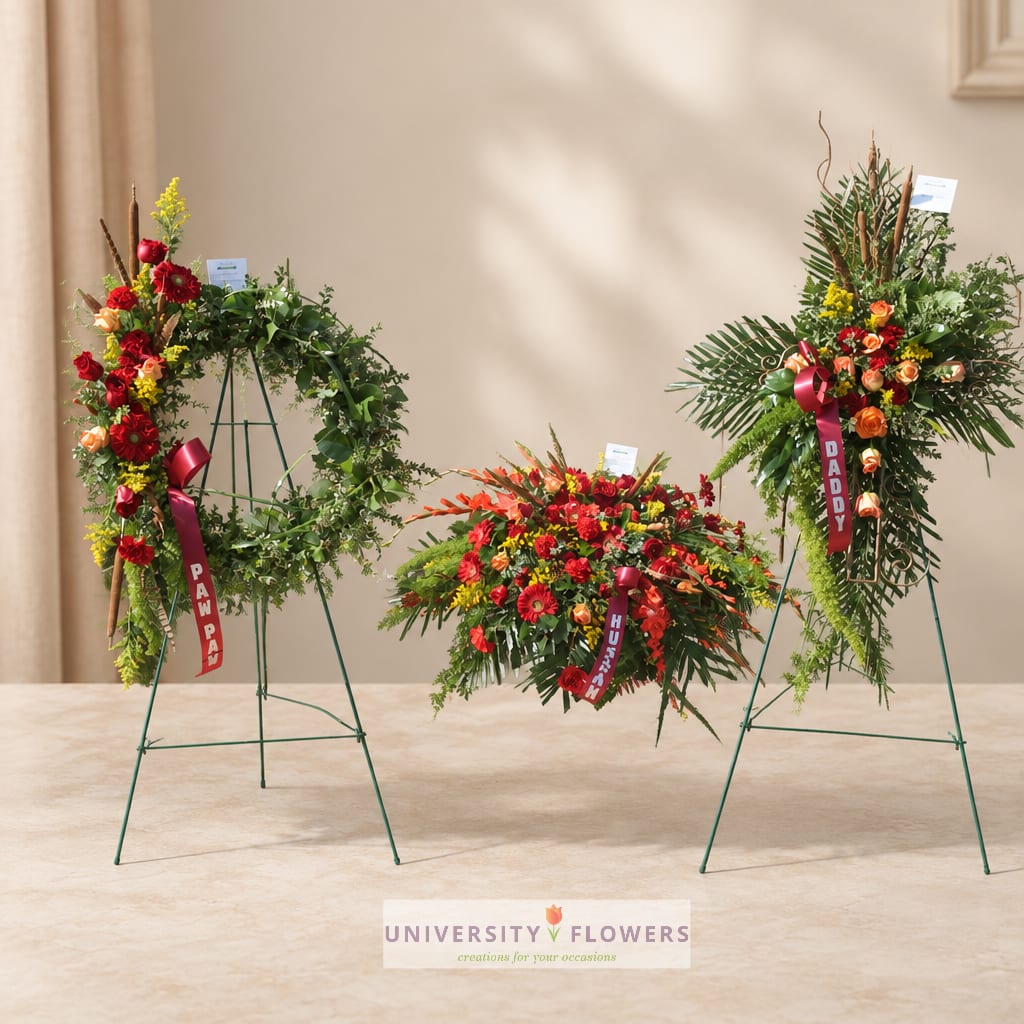 Three standing floral wreaths with red, orange, and yellow flowers on metal easels