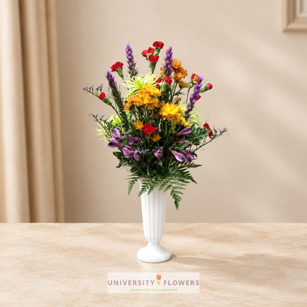 Mixed bouquet in a white pedestal vase with red, yellow, purple, and green blooms