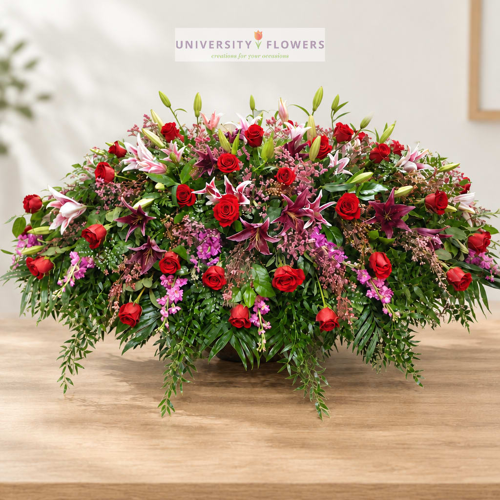 Large mixed bouquet of red roses and pink lilies in a low container