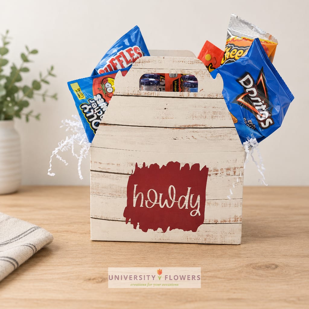 Gift basket with candy bags in a rustic wooden box
