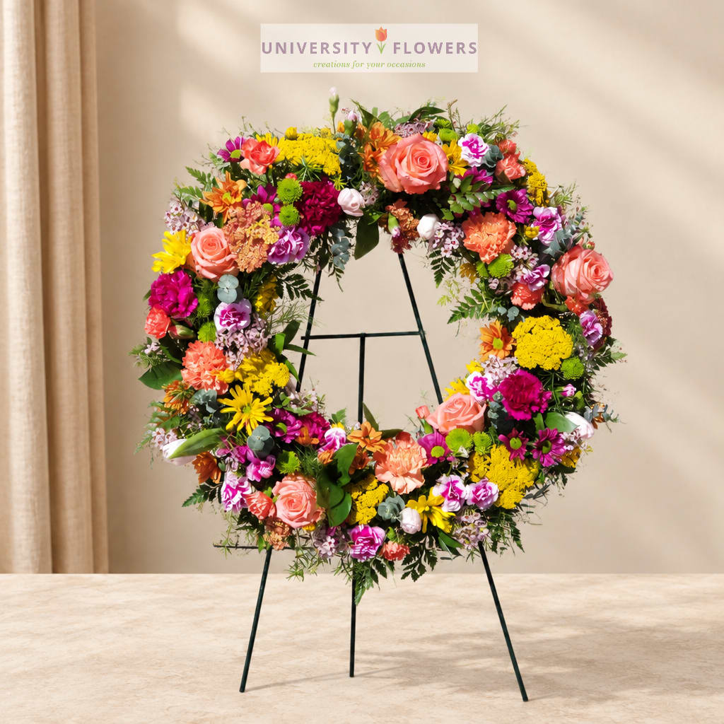 Colorful floral wreath on a black stand with roses and mixed blooms