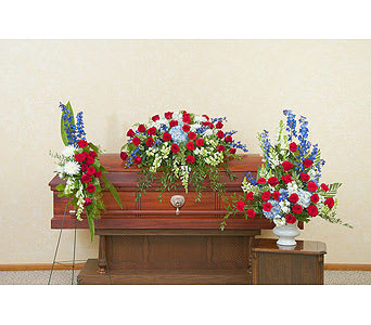 Honor Trio - A patriotic casket spray, standing spray, and urn. As Shown : TMF-726