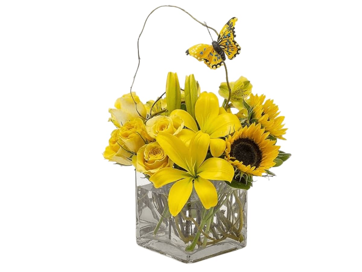 Yellow floral arrangement in a clear square vase with a butterfly accent