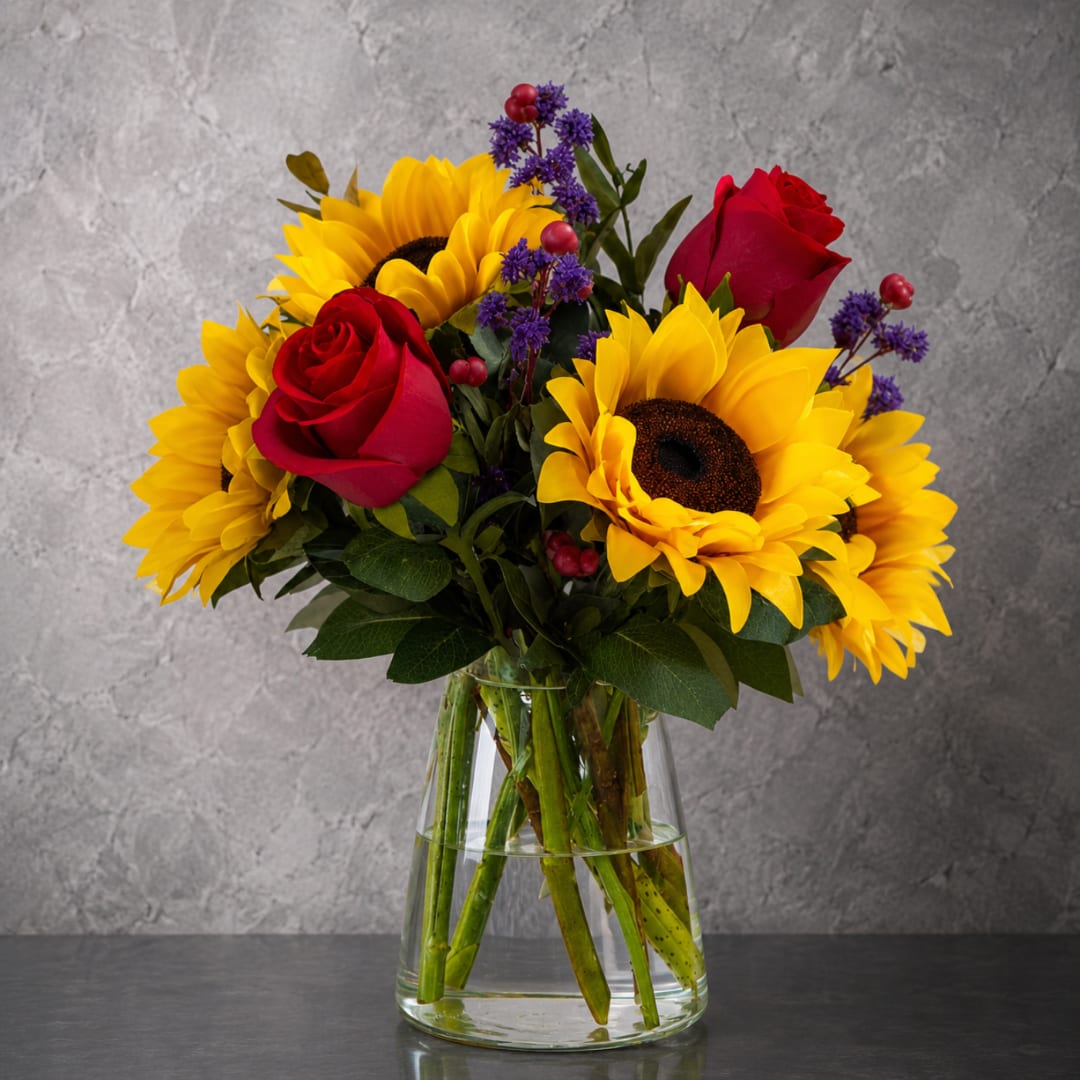 Bouquet of sunflowers and red roses in a clear glass vase
