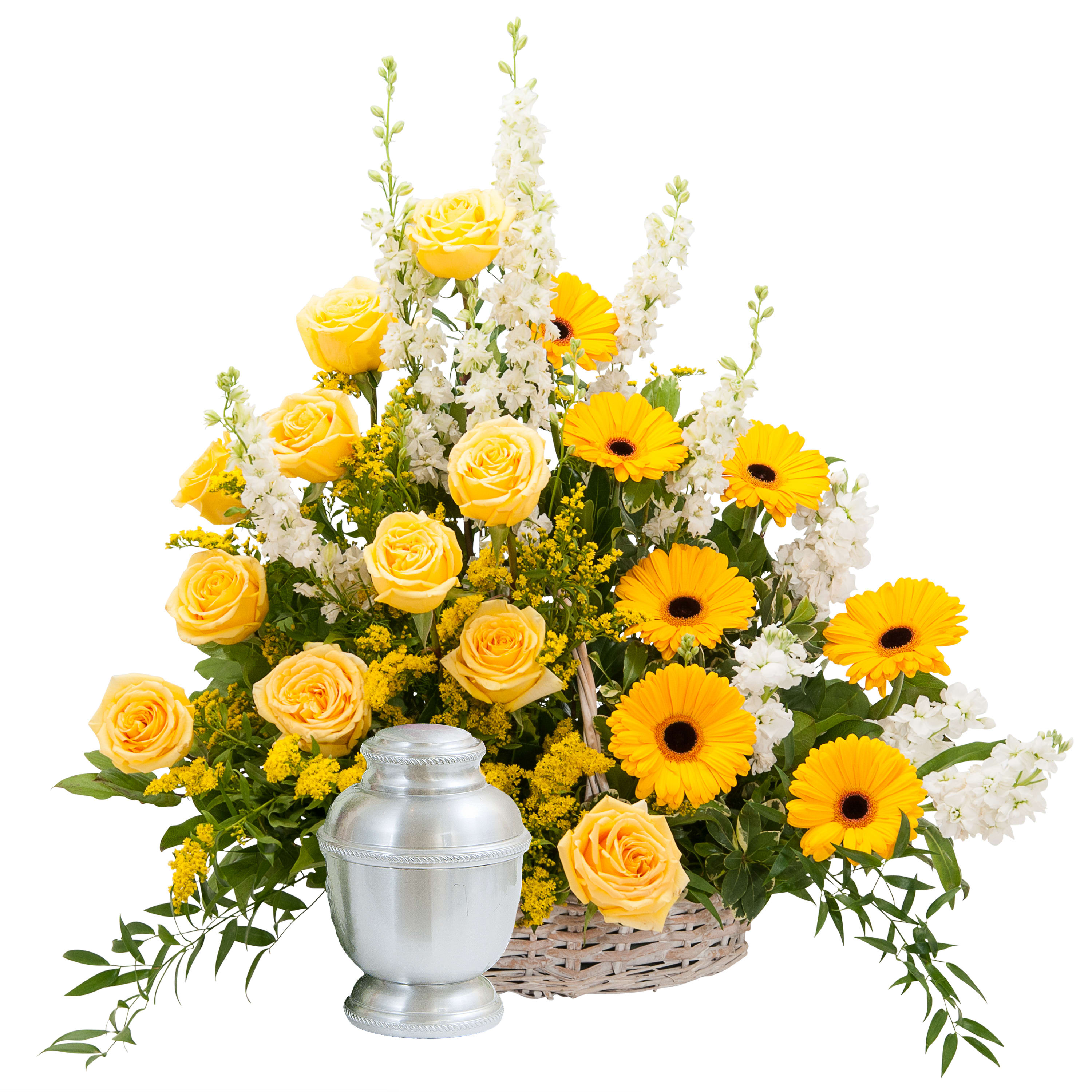 Rays of Sunshine Basket Surround  - A white wicker basket filled with a beautiful selection of yellow flowers and foliage.	Approximately 20 " wide by 24" high