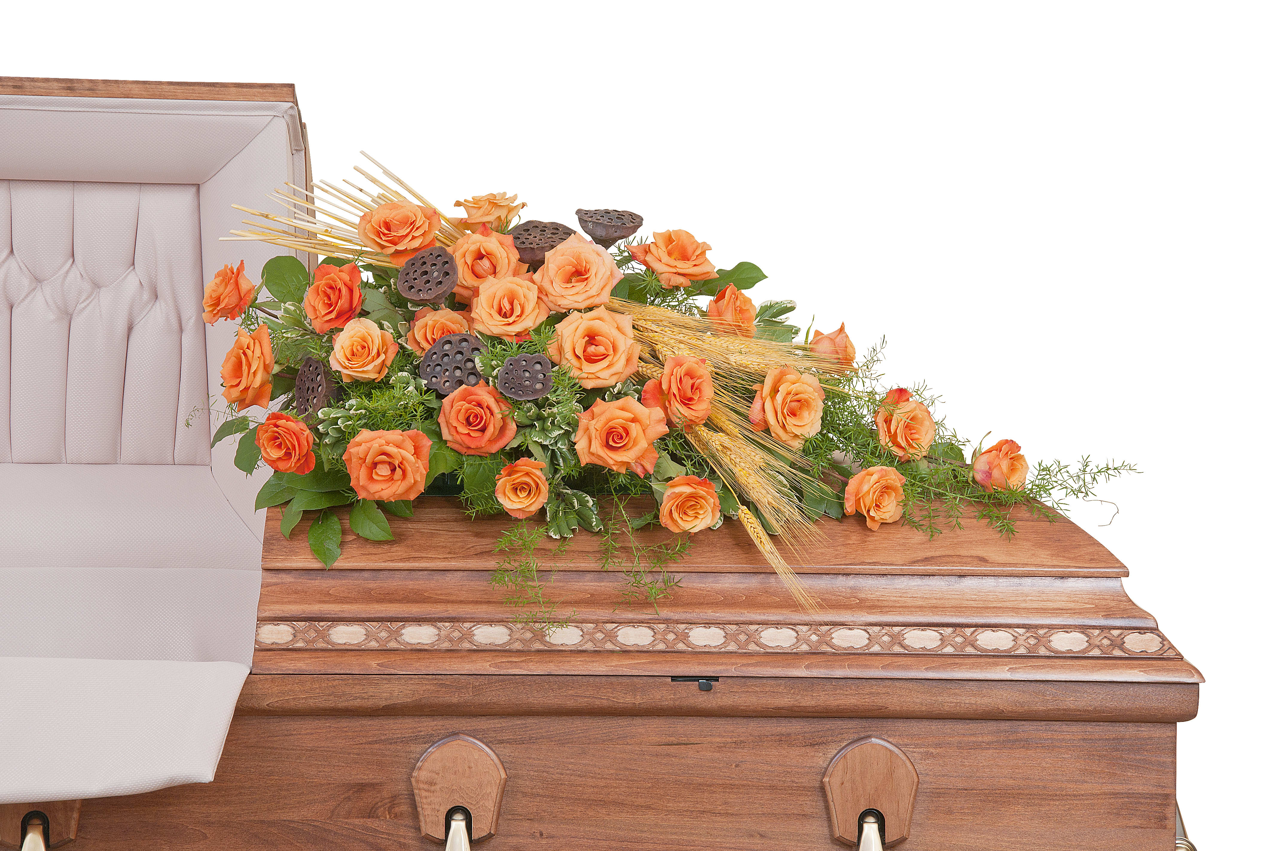 Fall Splendor Casket Spray - Wheat and pods give these orange Roses a natural touch in this casket spray.	Approximately 24" wide 16" deep