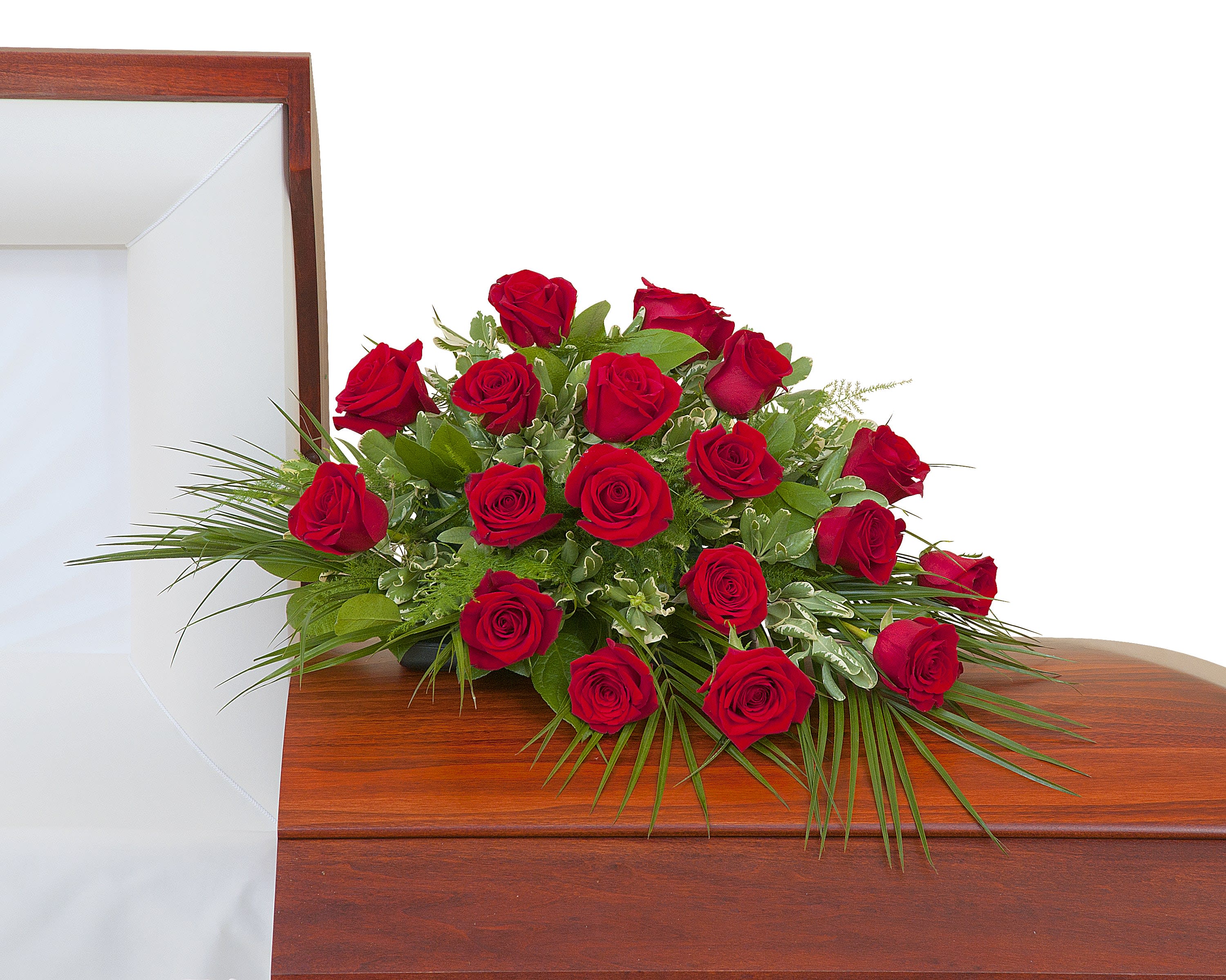 Simply Roses Casket Spray - Eighteen Roses in a casket spray.	Approximately 18" wide 12" deep